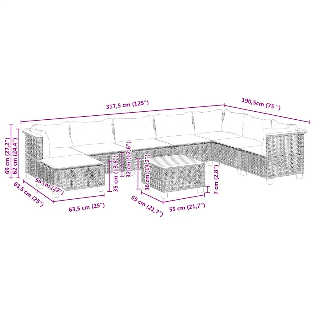 Set Divano da Giardino 9 pz con Cuscini Beige in Polyrattan 3261964