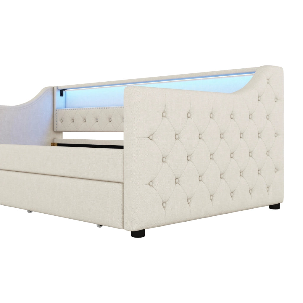 OKWISH Letto a Divanetto 90×200 cm, Letto Singolo con LED Multicolore, 2 Cassetti, USB e Telecomando, senza Materasso, in Lino, Beige