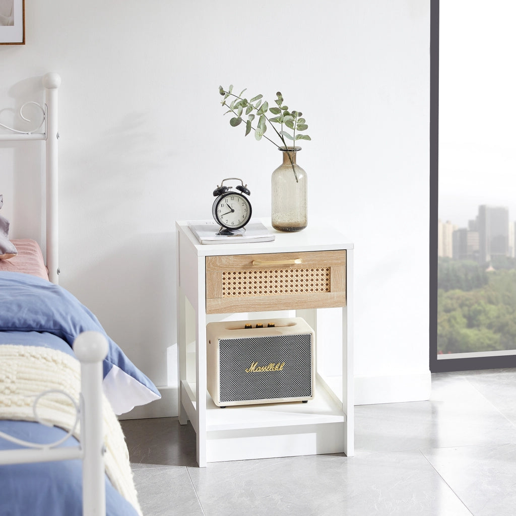 Comodino in rattan con cassetto per camera da letto e soggiorno in MDF naturale e bianco 40 × 40 × 55 cm