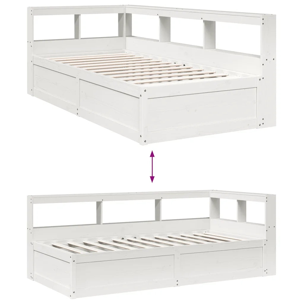 Letto Libreria senza Materasso-Struttura Letto con contenitore Bianco 90x190 cm Massello Pino 676491