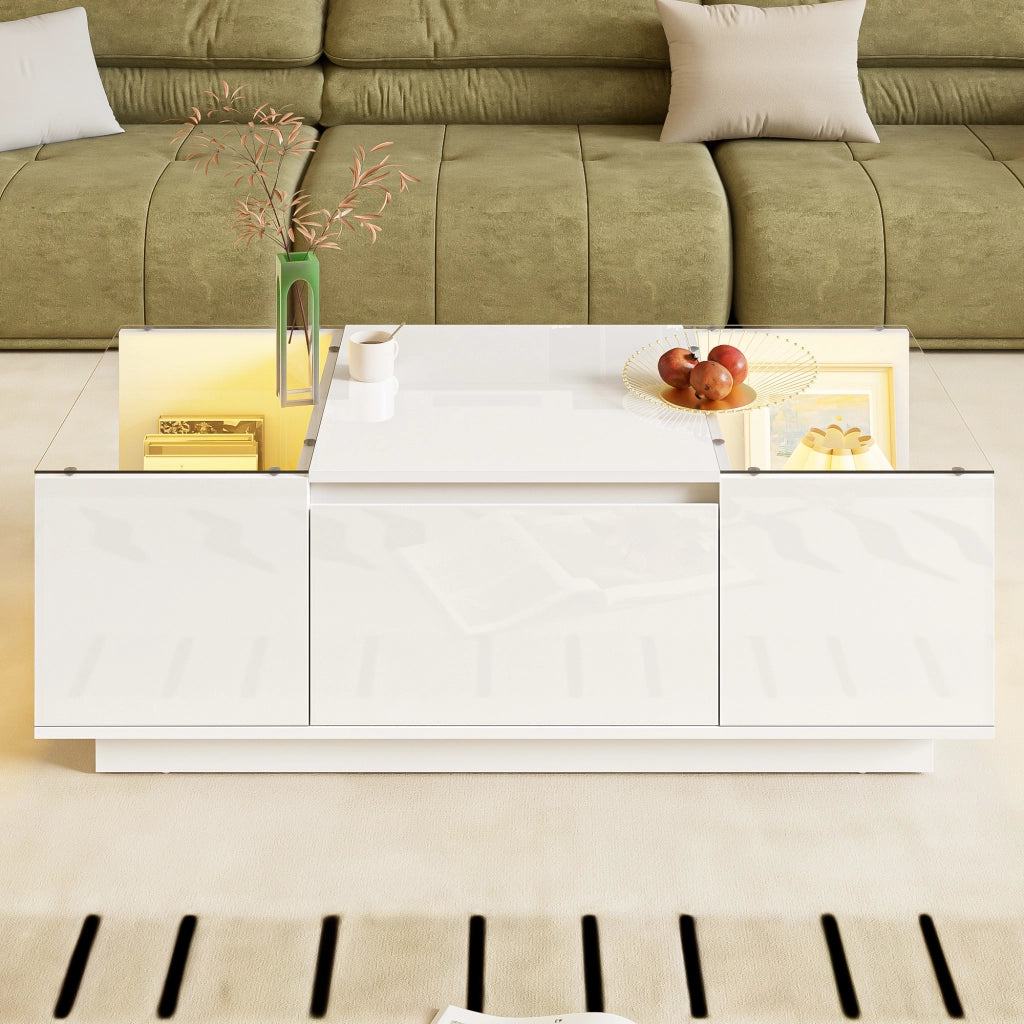 Tavolino da caffè 105x50x35 cm; con LED e spazio contenitivo; truciolare bianco
