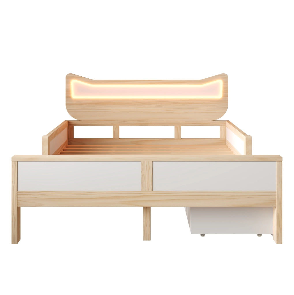 Letto per bambini 140x200 cm con testiera a forma di gatto; LED RGB; legno bianco e rovere