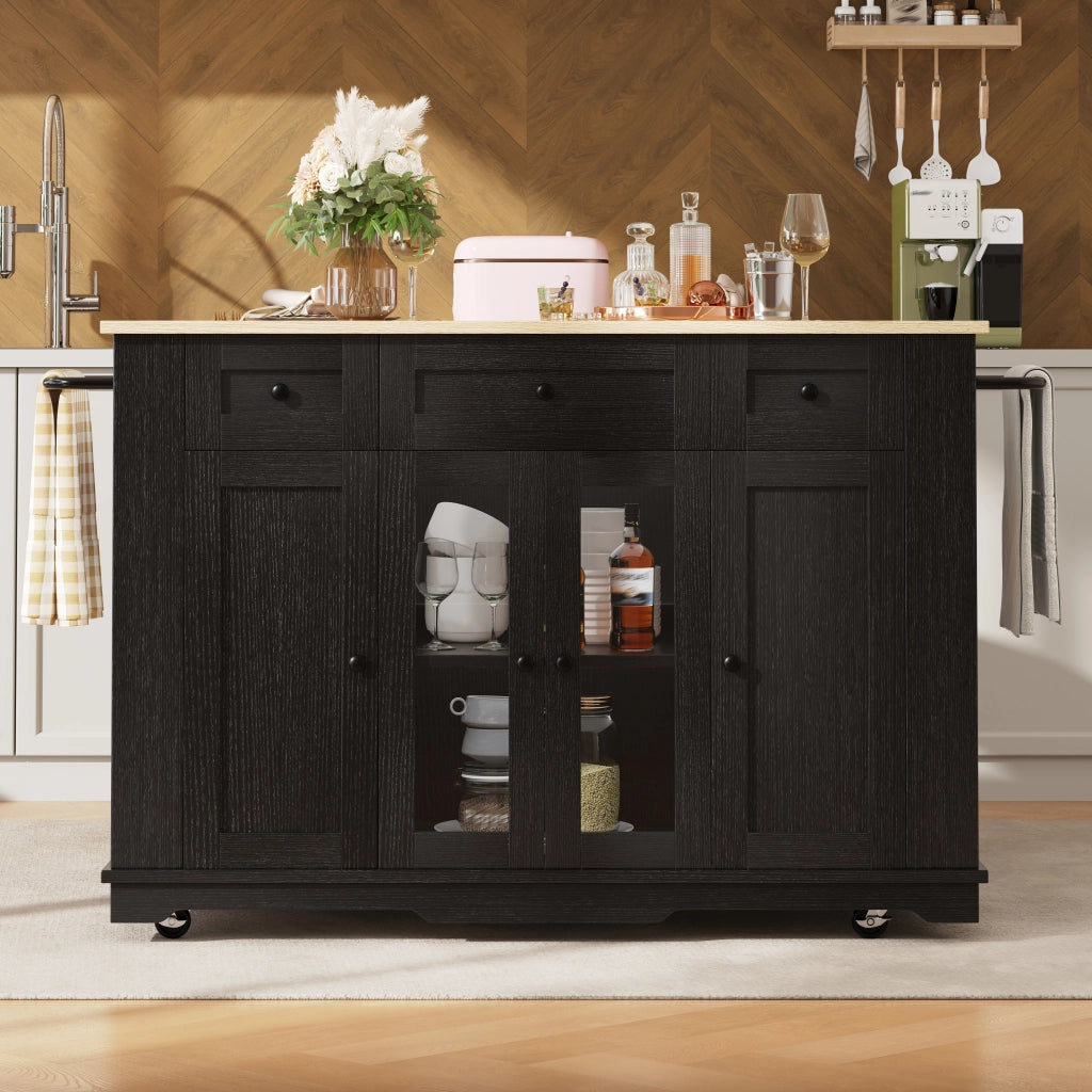 Carrello da Cucina con 1 Cassetto Piano Ribaltabile e Vani in MDF Vetro 151.5 x 60 x 91.7 cm Nero Naturale