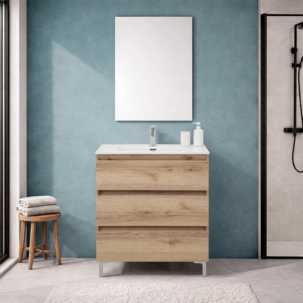 Mobile bagno a terra 80 cm in quercia naturale con lavabo e specchio Leda