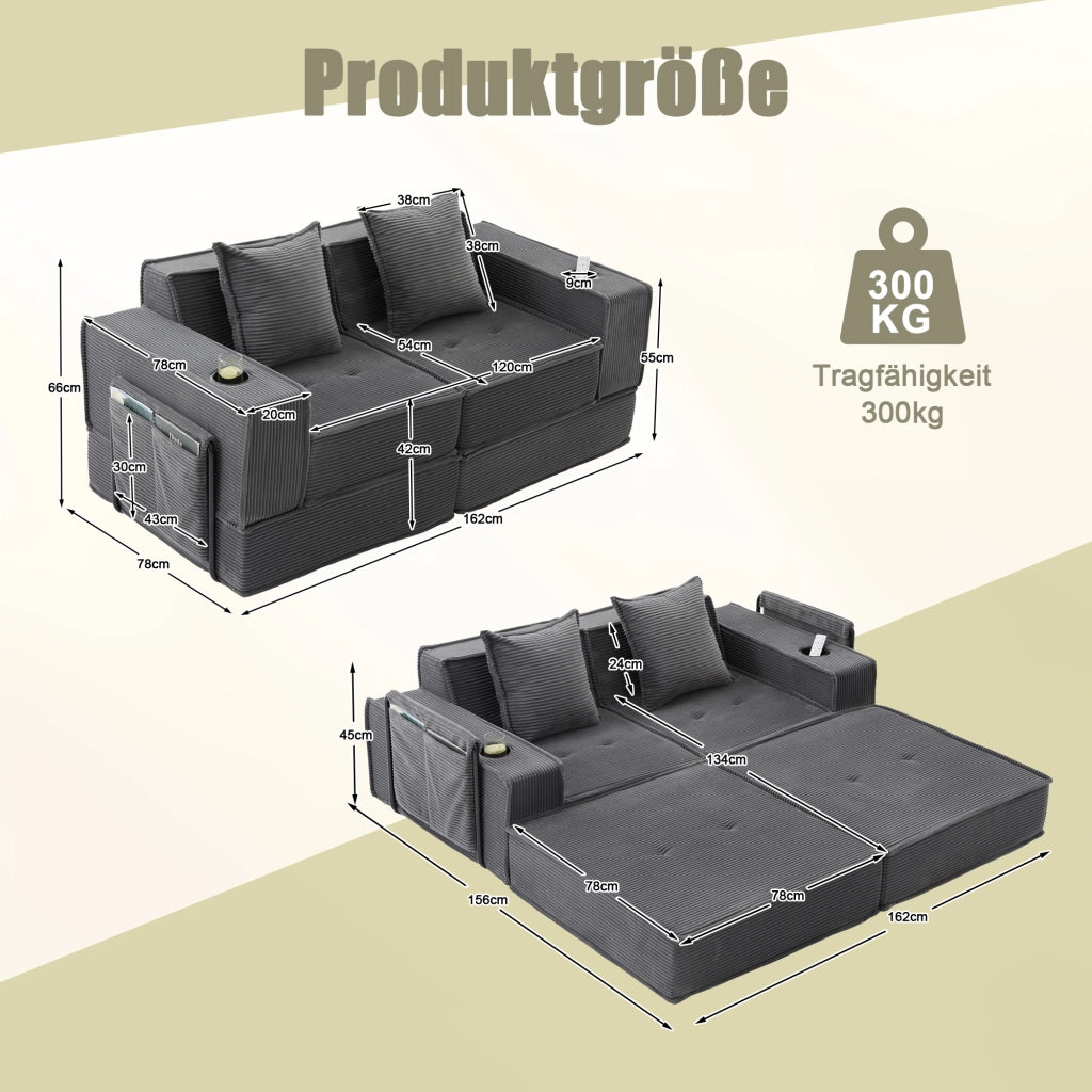 Fauteuil pouf modulare con tasche laterali e cuscini, seduta ergonomica per relax in velluto a coste grigio scuro