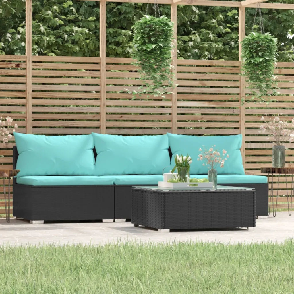 Set Divani da Giardino 4 pz | Set Salotto da Giardino con Cuscini in Polyrattan Nero