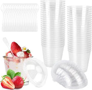 50 Dessertglasse in Plastica Riciclabili - Bicchieri per Dessert Fai da Te - 200 ml - con Cucchiai e Coperchio - Set di Dessert Mini per Pudding - Festa di Compleanno