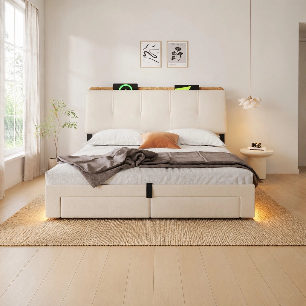 Letto matrimoniale imbottito 140x200 cm con contenitore idraulico; LED; USB e Type-C; beige in lino