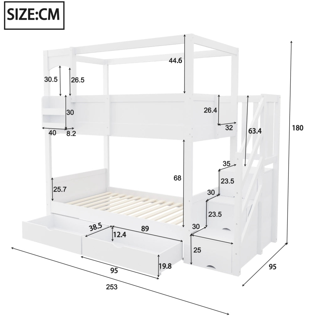 Letto a castello per bambini 90x200 cm in legno; design casetta; bianco; con cassetti e scaletta contenitore