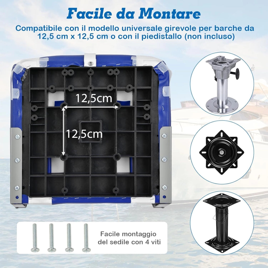Sedia da Barca, Sedile da Barca Pieghevole con Morbido Cuscino Imbottito, Rivestimento in PVC Impermeabile, Blu (1)