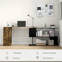 Scrivania Angolare Salvaspazio con Ripiano a S, in Legno, 140x120x78 cm, color Marrone e Nero