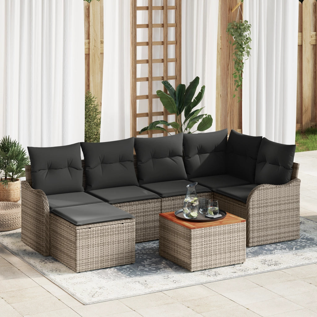Set di divani da giardino a 7 pezzi con cuscini grigio polyrattan acacia