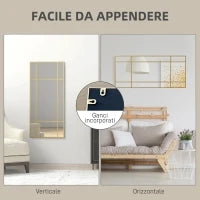 Specchio da Parete Stile Finestra con Montaggio Verticale e Orizzontale, 110x50cm, Oro