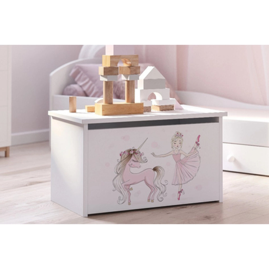 Cesta porta giochi Daria in legno bianca con Unicorno