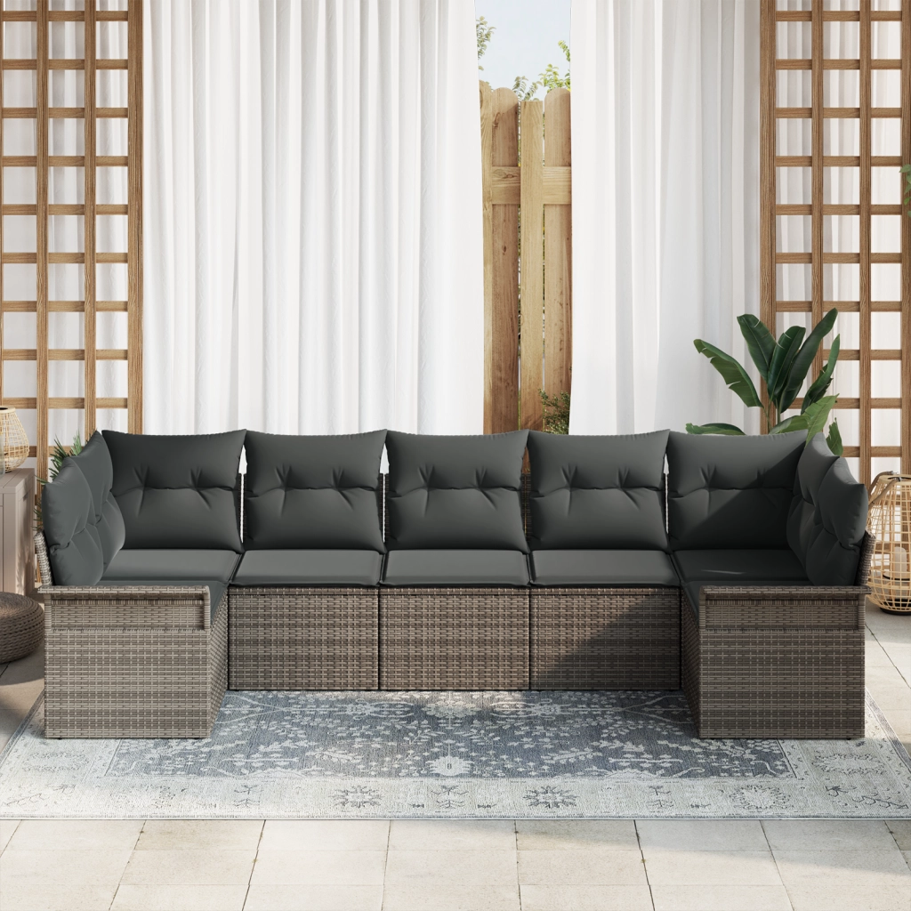 Set Divano da Giardino a 7 Pezzi con Cuscini Grigio Polyrattan