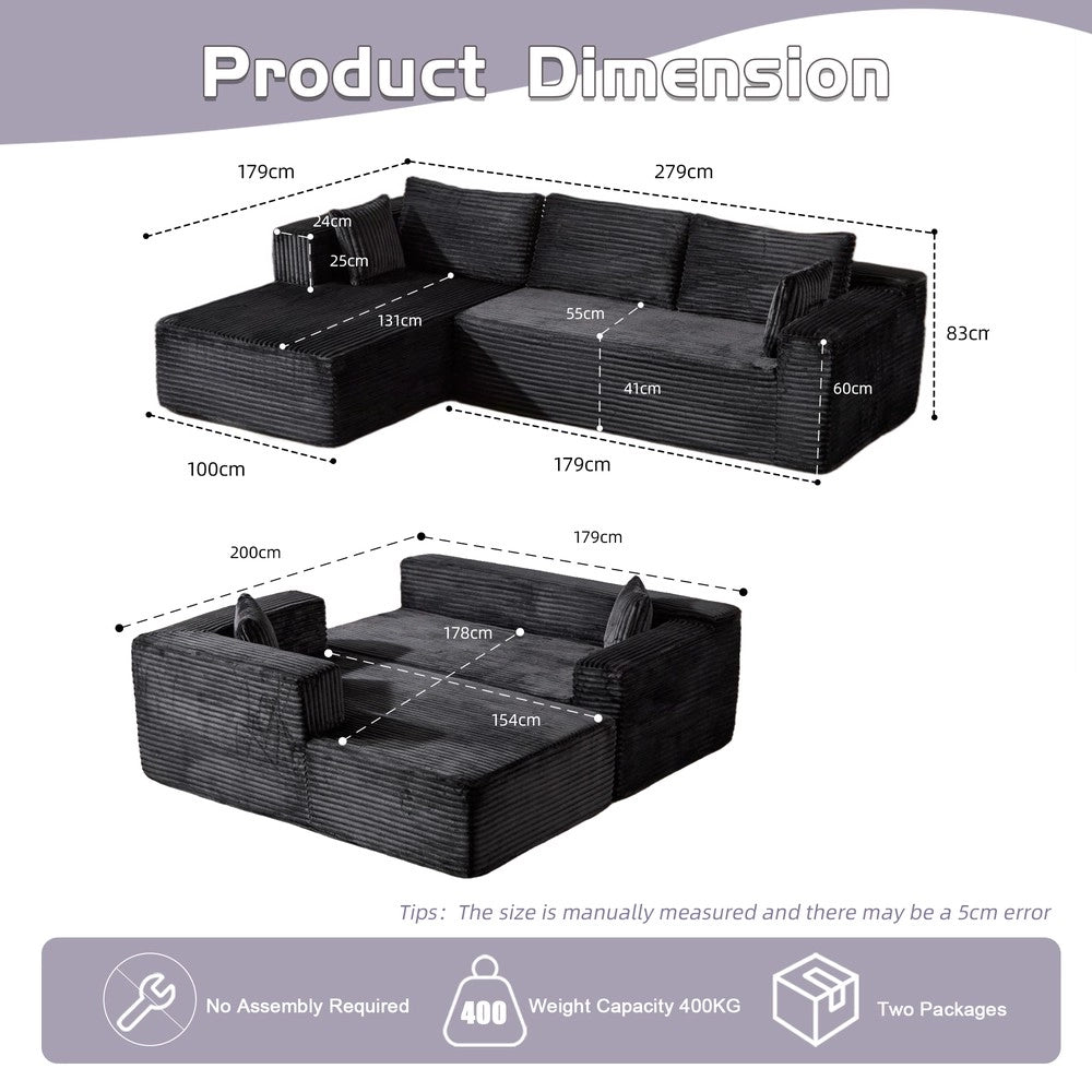 Divano Angolare con Chaise Longue ¨C MINIMAL ¨C Velluto a Coste, Nero, Modulare
