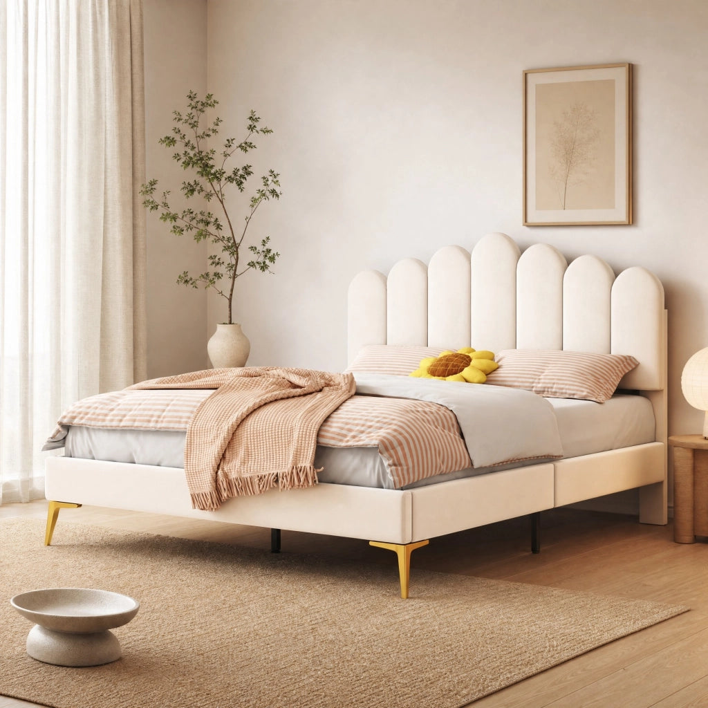 LETTO imbottito 140 x 200 cm beige in velluto con testiera regolabile