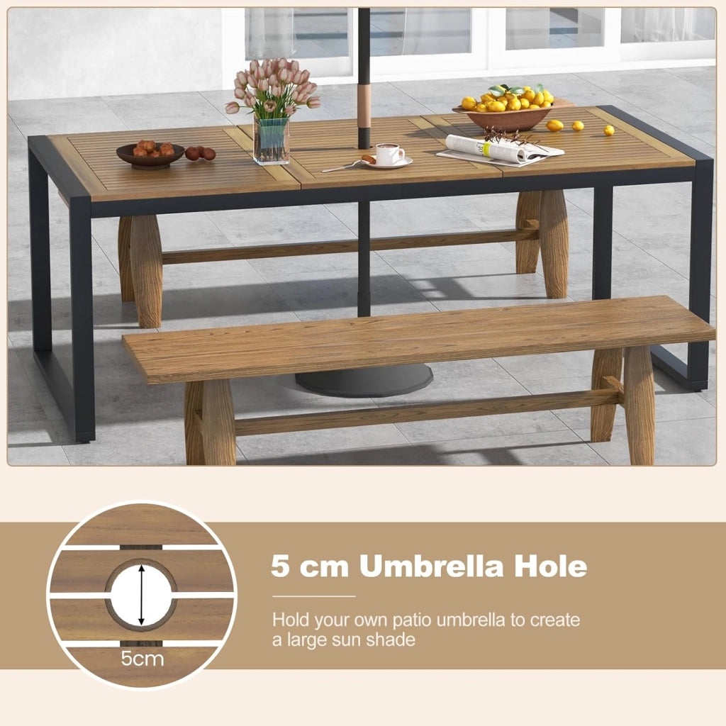 Tavolo da Giardino con Foro per Ombrellone, Tavolo da Pranzo a 8 Posti in Legno di Acacia e Metallo, Tavolo Rettangolare con Piedini Regolabili, per Esterno, Balcone, Cortile, 200x90x75 cm