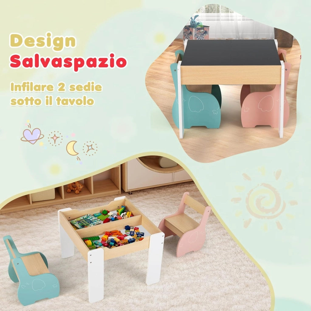 3 in 1 Set Tavolo e Sedie per Bambini, Tavolo da Attività per Bambini con 2 Sedie, Lavagna Rimovibile e Deposito, per Giocare, Disegnare e Leggere, in Legno (Multicolori)