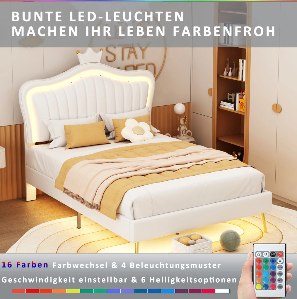 Letto imbottito per bambini 90 x 200 cm con LED; testiera regolabile e rete a doghe; bianco