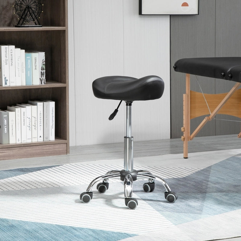 Sgabello regolabile in altezza in finta pelle con seduta ergonomica girevole e ruote nero per saloni e tattoo