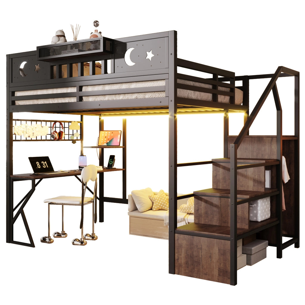Letto a soppalco 140x200 cm con scrivania; pannello pegboard; ripiani; LED; USB e gambe a K; metallo nero