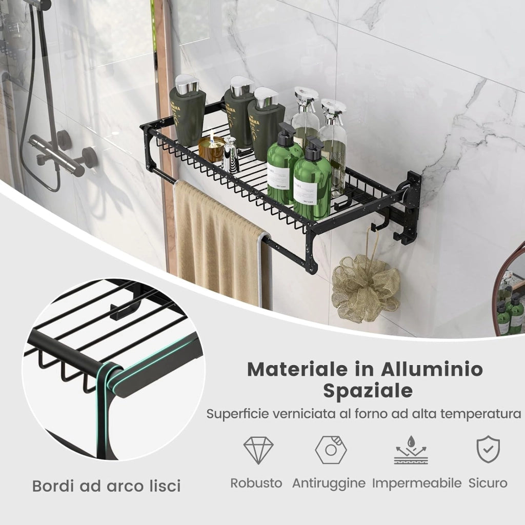 Portasciugamani Pieghevole per Bagno, Mensola Portasciugamani da Parete con Asta Regolabile e Ganci Mobili, Antiruggine e Impermeabile, Nessun Montaggio Richiesto, 59,5x26x14 cm