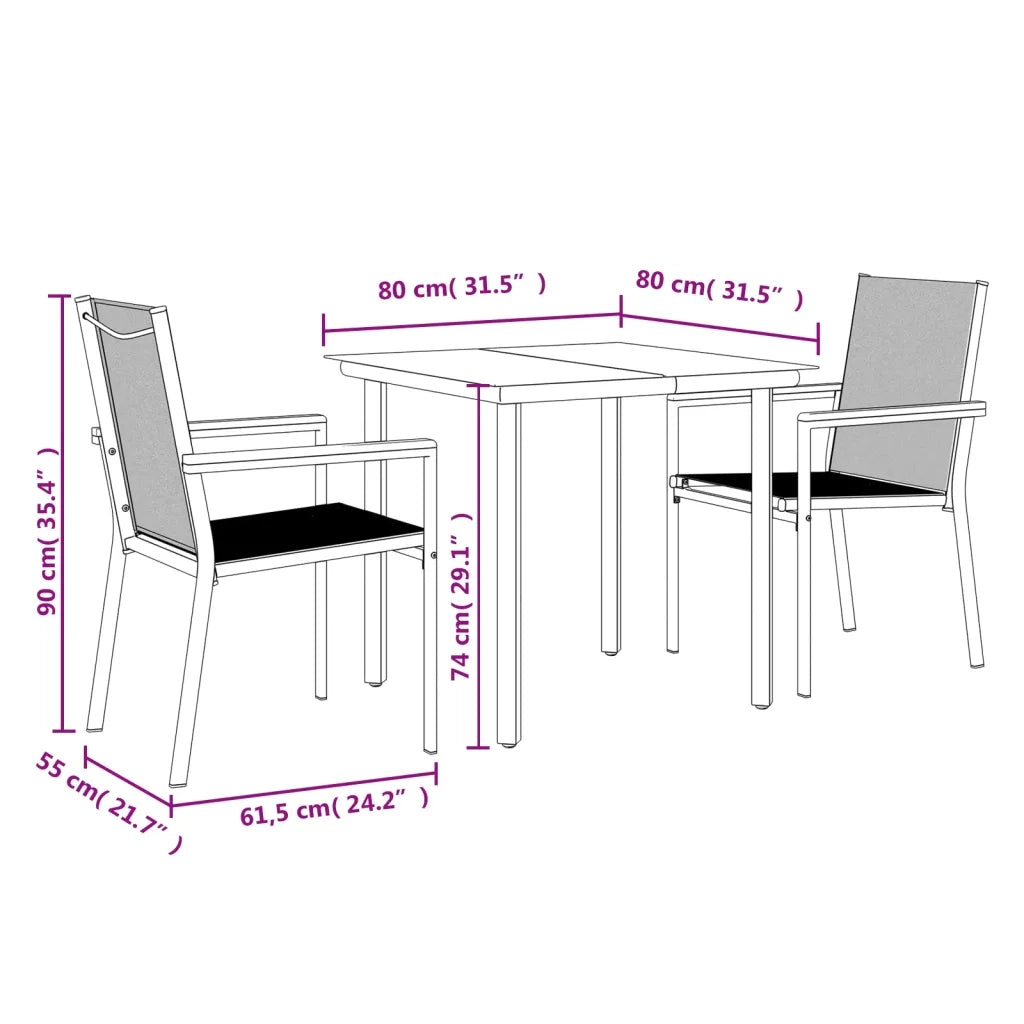 Set da Pranzo da Giardino 3 pz | Set Salotto da Giardino Nero in Textilene e Acciaio