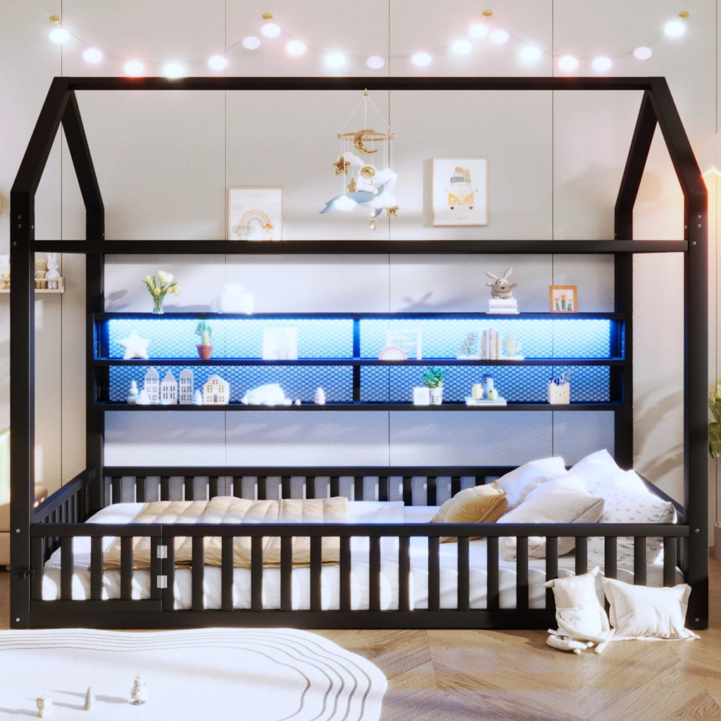 DESMIU Letto a Casetta per Bambini 1 Posto con Sponda e LED 90 × 200 cm, senza materasso, in Metallo, Nero