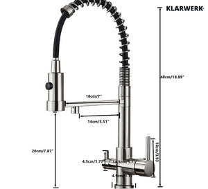 Bernd | Rubinetto da cucina a osmosi a molla a 3 vie argento Rubinetto con filtro in acciaio inossidabile spazzolato | Miscelatore da ristorante