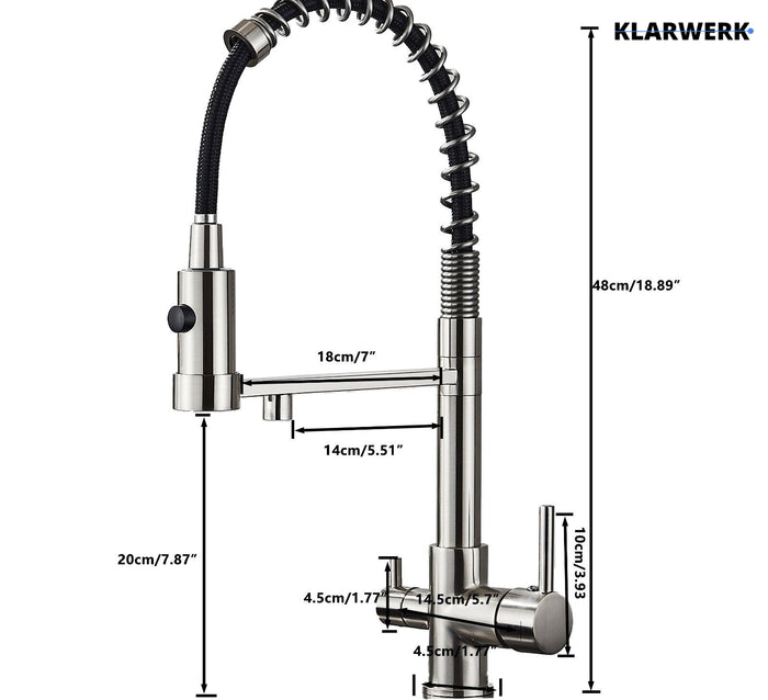 Bernd | Rubinetto da cucina a osmosi a molla a 3 vie argento Rubinetto con filtro in acciaio inossidabile spazzolato | Miscelatore da ristorante
