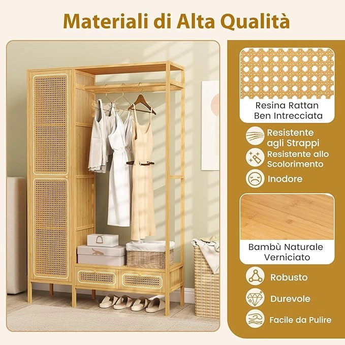 Appendiabiti in Bambù, Porta Abiti con Armadietto Mensola e Cassetti, Organizzatore di Armadio Autoportante per Ingresso Camera da Letto, 102 x 33 x 160 cm