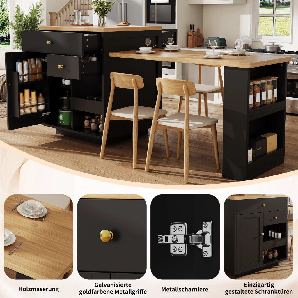 MOBILE ISOLA CUCINA ESTENSIBILE 122,5-195,5 cm Nero MDF