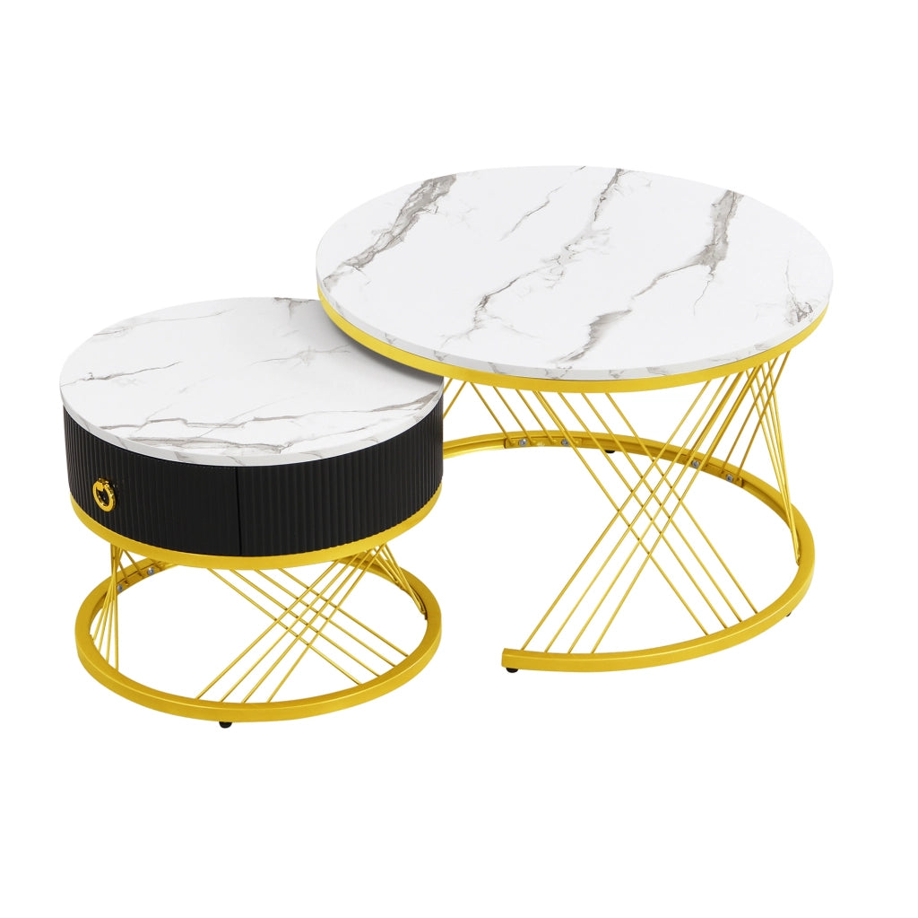 Tavolino da salotto 70x70x45+50x50x40 cm; set di 2 con cassetto; effetto marmo bianco e oro