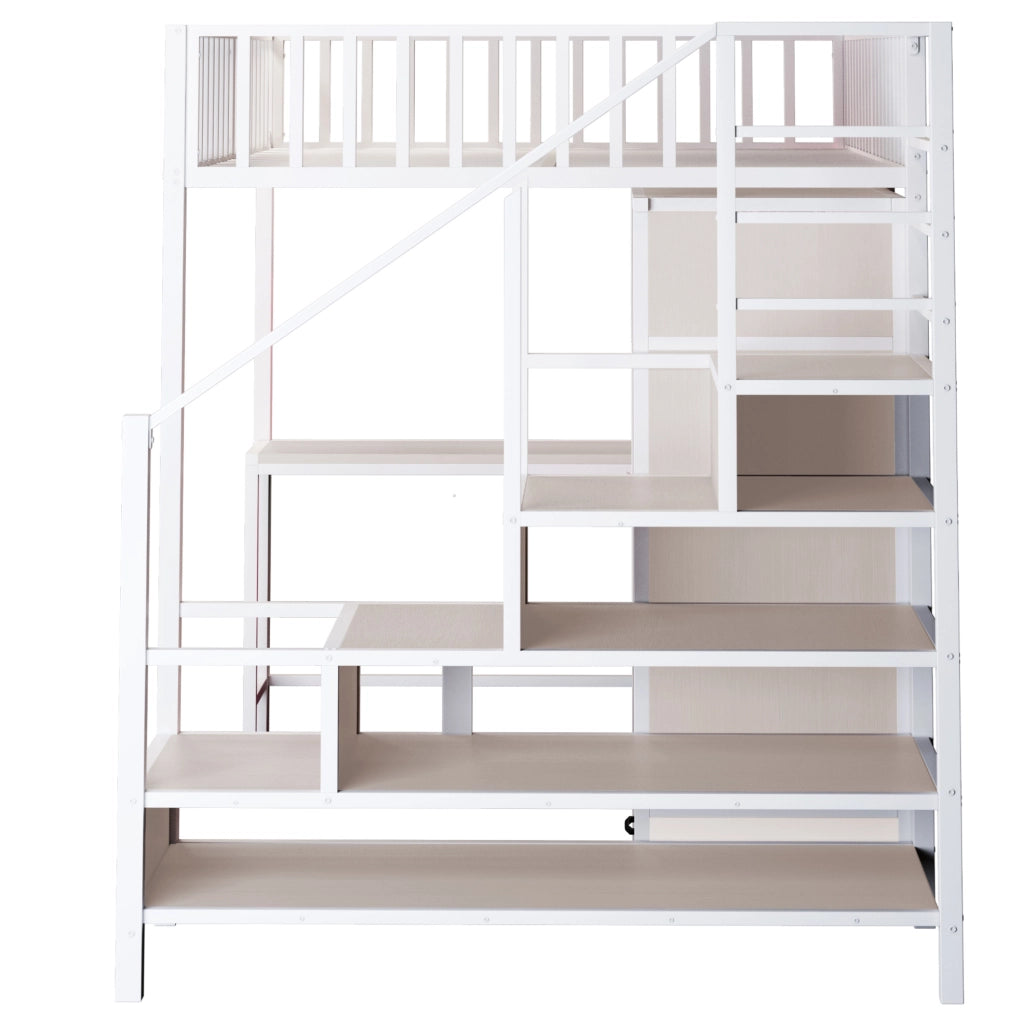 Letto a soppalco in metallo 140x200 cm con scrivania; armadio; ripiani; cassetti e LED; bianco