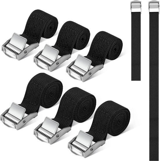Set di cinghie con raccordo, 6 pezzi di cinghie in diverse lunghezze, cinghie in acciaio nero con chiusura a morsa per bagagli da moto, trolley, campeggio (0,5 m/1 m)