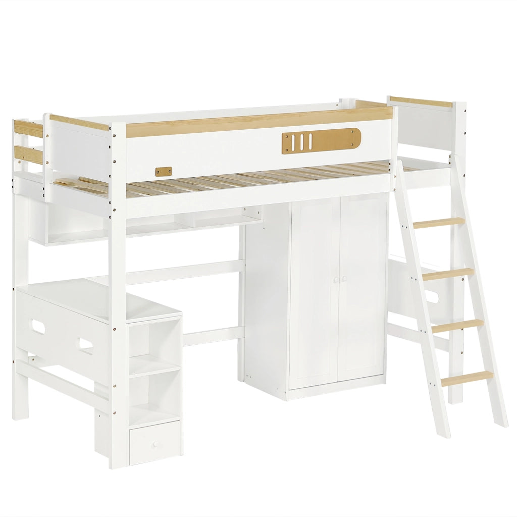 LETTO A CASTELLO con scrivania e armadio 90 x 200 cm bianco naturale