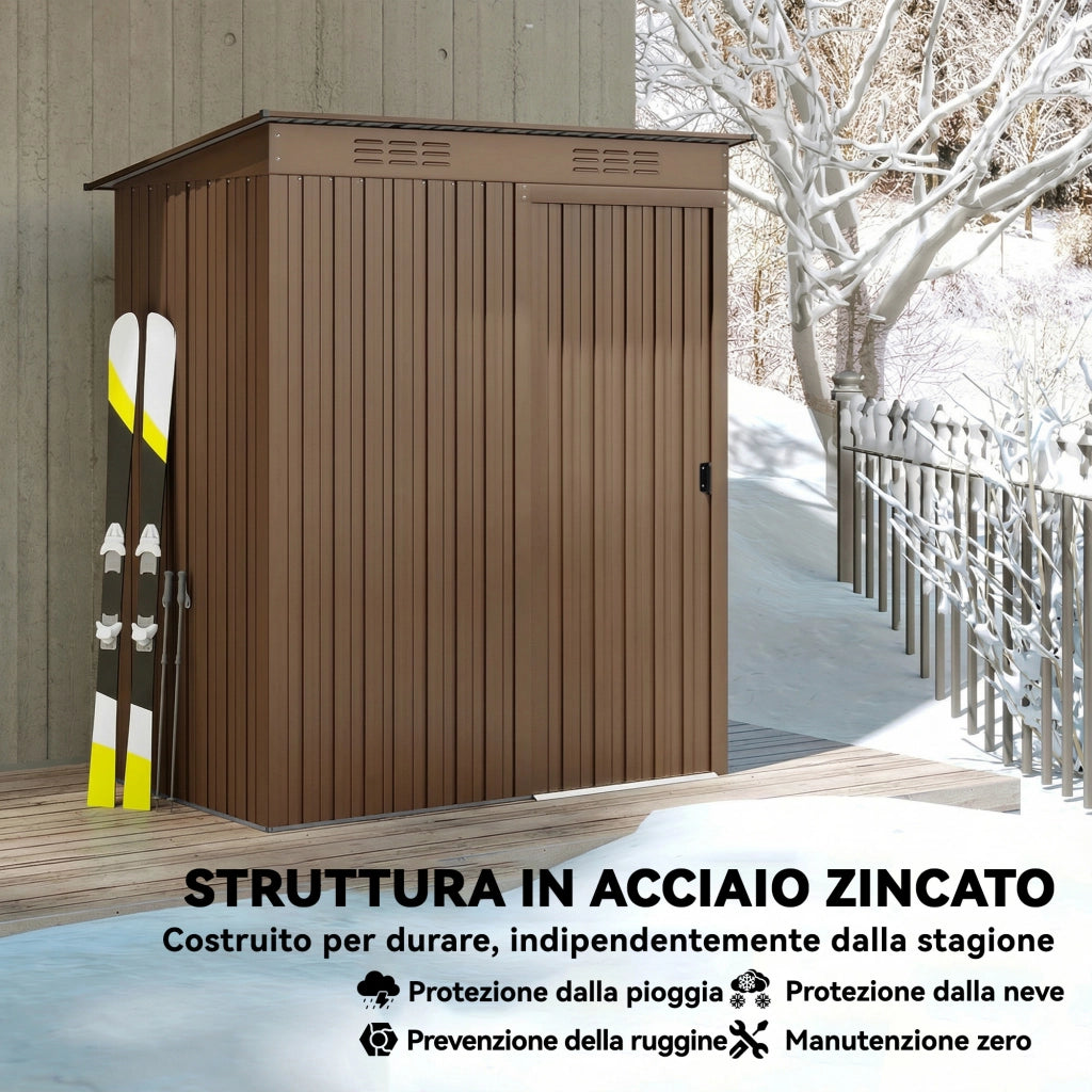 Casetta da Giardino in Metallo con Prese d'Aria e Porta Scorrevole, 159x106x181 cm, Marrone