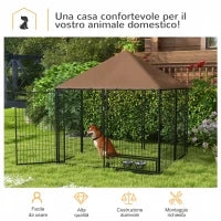 Recinto per Cani in Metallo e Tessuto Oxford con Porticina per Ciotole, 141x141x151 cm, Nero e Marrone