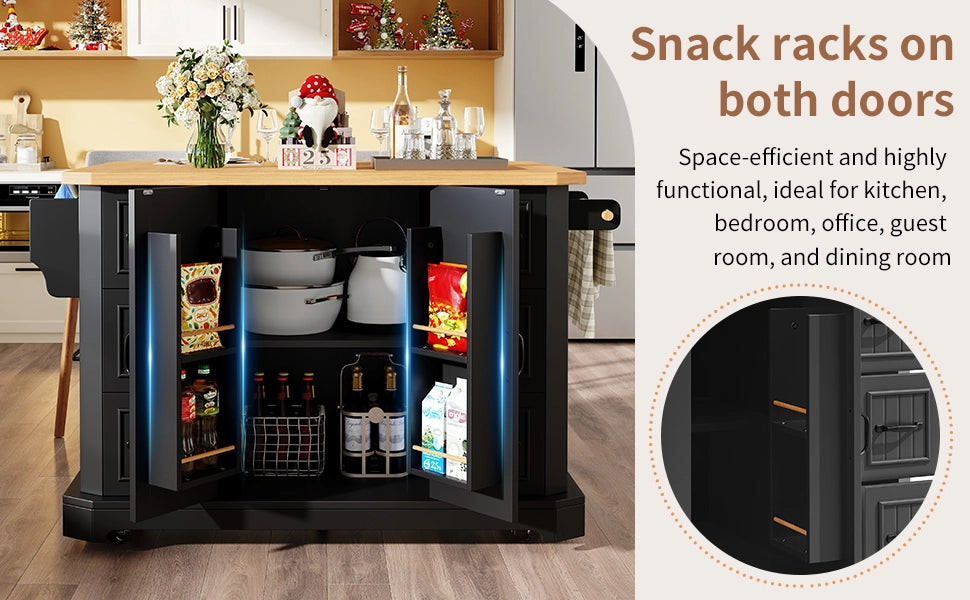 Isola da cucina mobile - Zephmum - 120x45(75)x91 cm - Bianco/Nero - 2 ante e 6 cassetti, rotelle