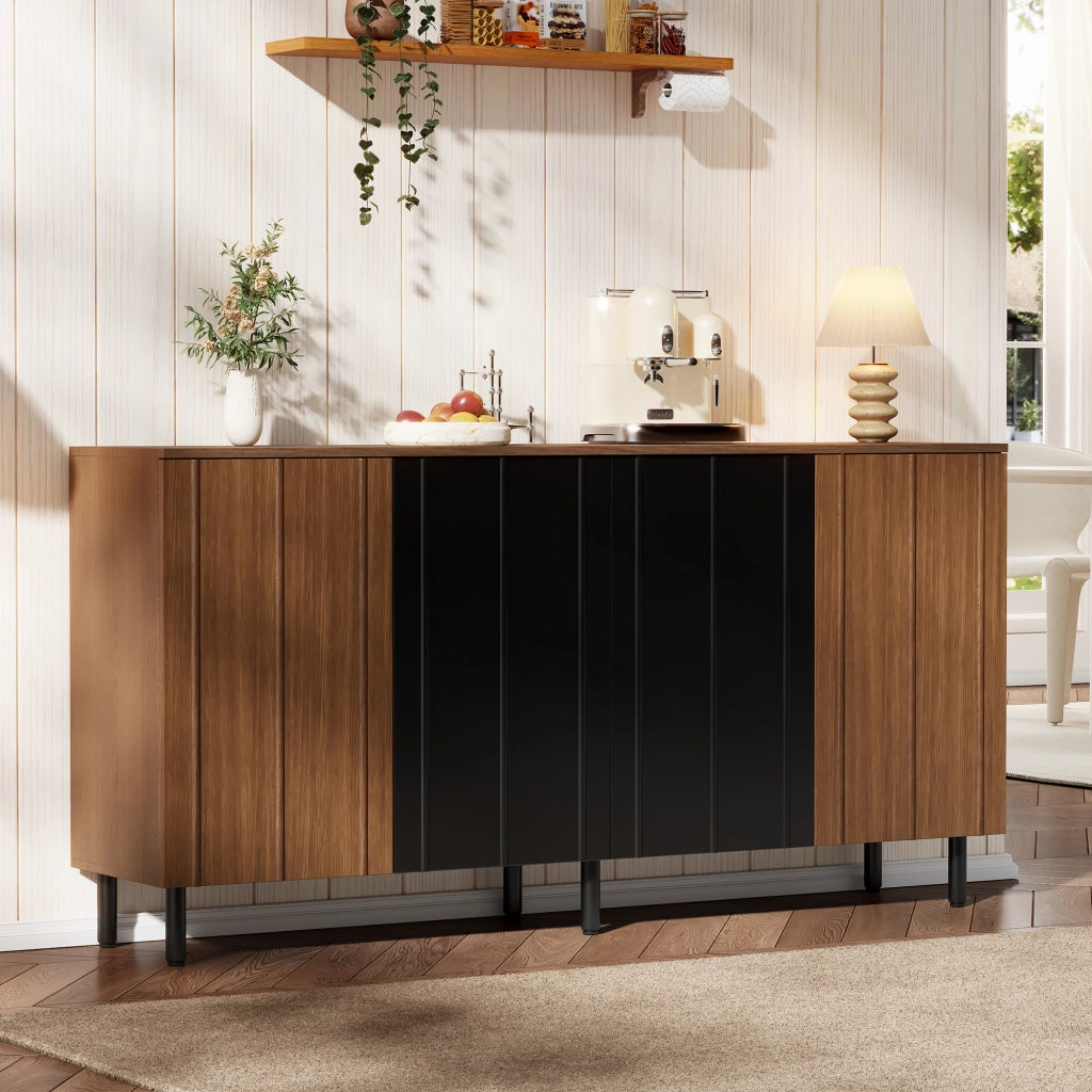 Buffet 160 ¡Á 35 ¡Á 80 cm in truciolare, finitura noce e nero, con 4 ante, ripiani regolabili e portata max 80 kg