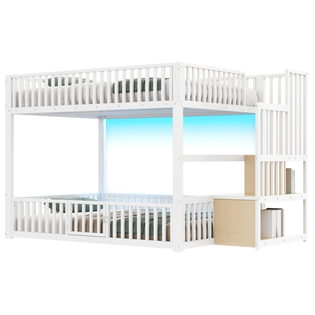 Letto a castello 140 × 200 cm con scala contenitore, LED regolabile, senza materasso, bianco