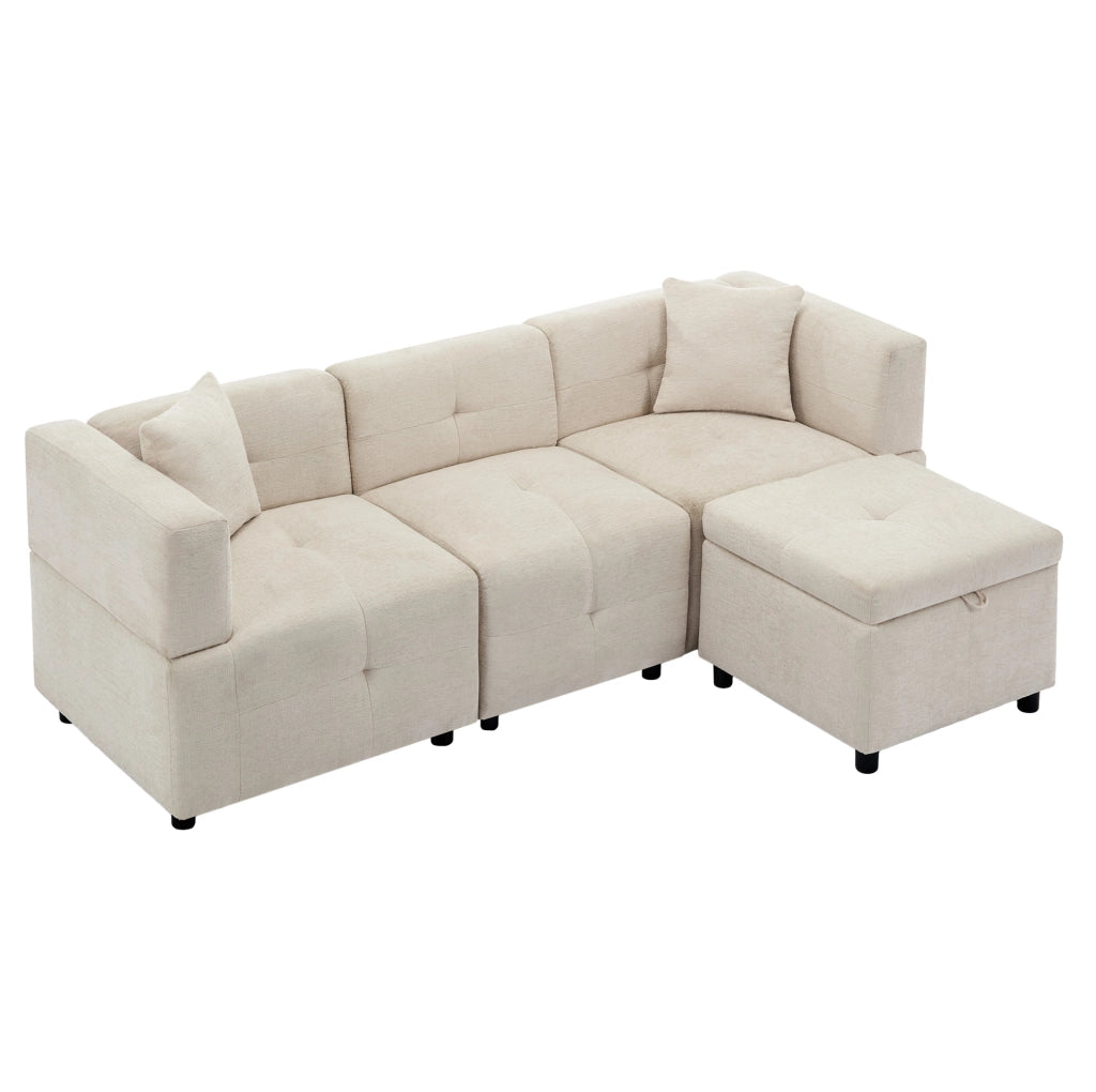 Divano modulare 3 posti ULEVR in ciniglia beige con pouf contenitore e 2 cuscini, 204x126 cm