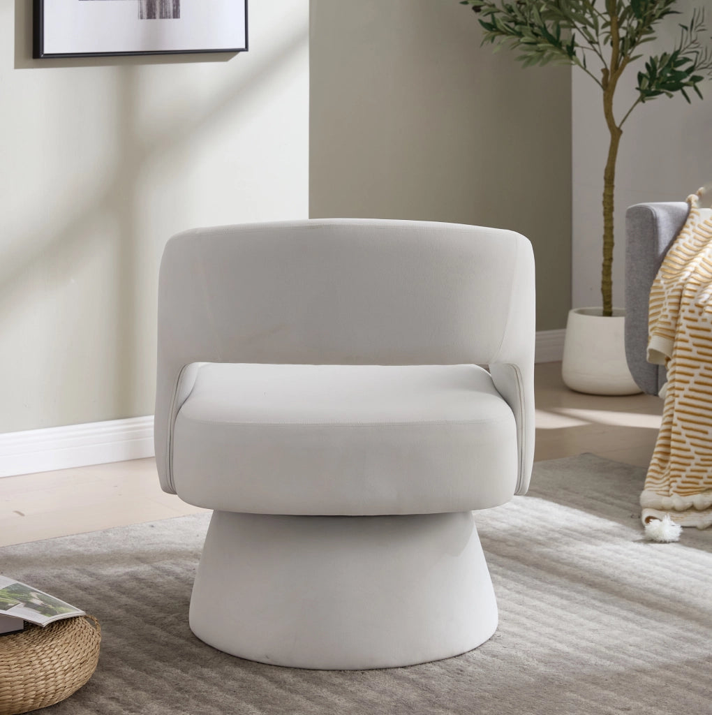 Poltrona girevole moderna in ciniglia beige con base rotonda