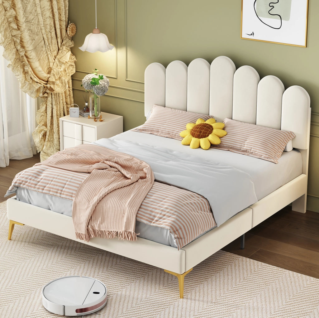 Letto matrimoniale imbottito 140 x 200 cm in velluto beige con testiera regolabile