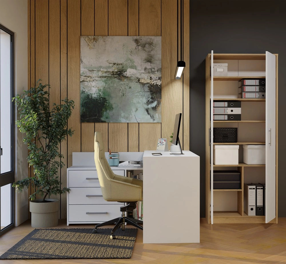 Scaffale biurowy OLIV 2d 2 ante per ufficio per gabinetu soggiorno rovere artisan bianco libreria moderna