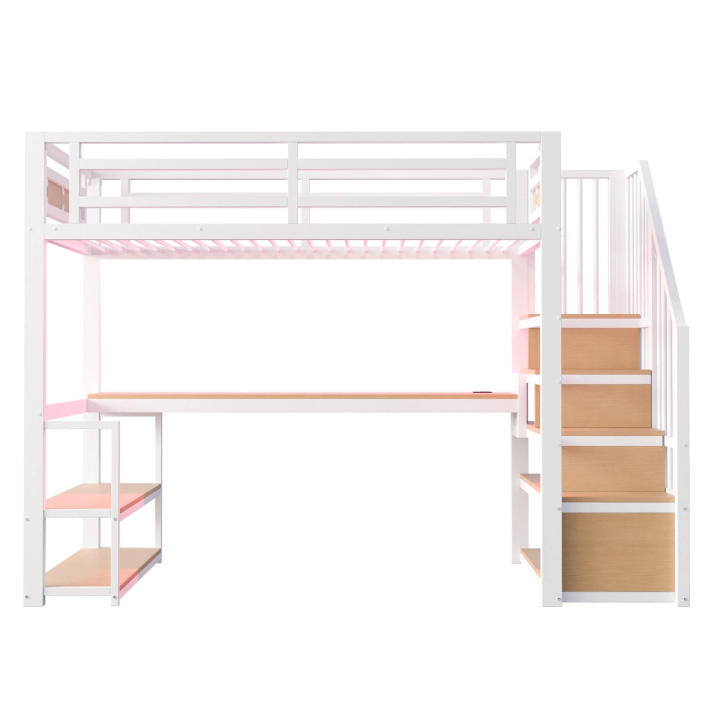 Letto a soppalco 90x200 cm con scala contenitore; mensole e scrivania in metallo bianco