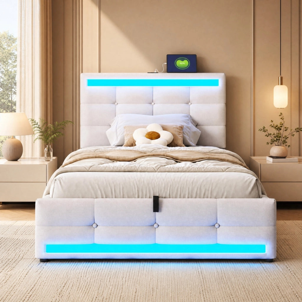 Letto imbottito 90x200 con LED RGB, 2 porte USB, testiera regolabile e struttura contenitore