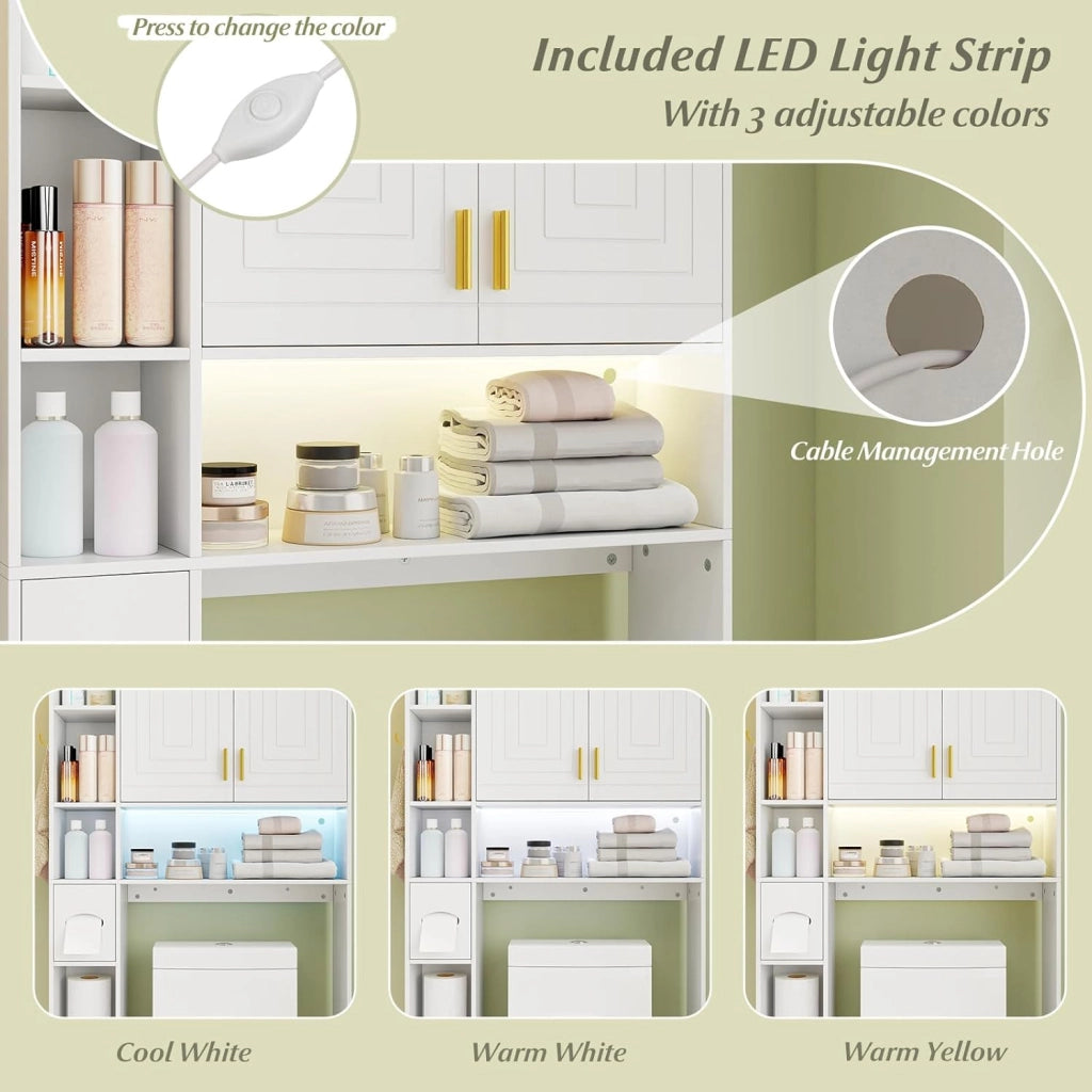 Mobile su WC con striscia luminosa, armadio da bagno con porte, ripiani aperti, supporto per carta igienica e gancio laterale, 80 x 20 x 171 cm, scaffale di stoccaggio (Bianco)