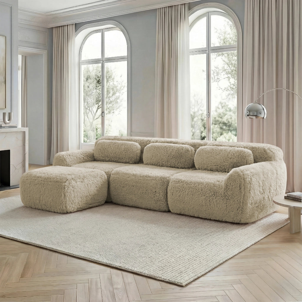 Divano Angolare Modulare a L con Cuscini; Seduta Profonda Senza Struttura; Senza Montaggio; Base Antiscivolo; in Peluche Beige Chiaro